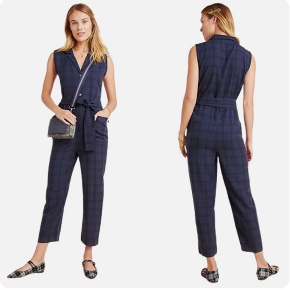 By Anthropologie Pants - By Anthropologie Size M Jumpsuit Brielle Plaid Collar Button Sleeveless Blue